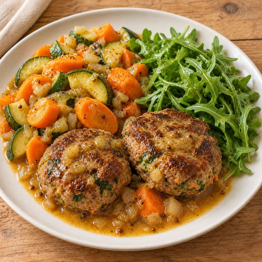 Rinderburger mit Zucchini, Karotten und Rucola