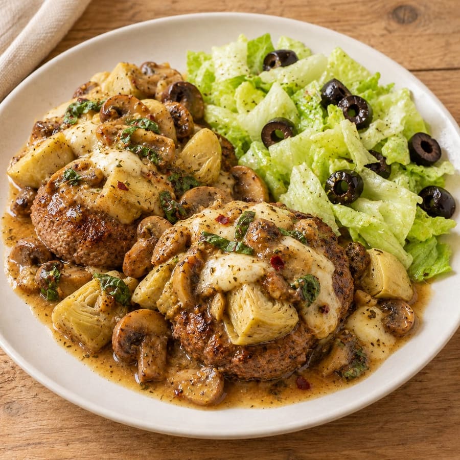 Rindfleischburger mit Artischocken, Champignons und Mozzarella