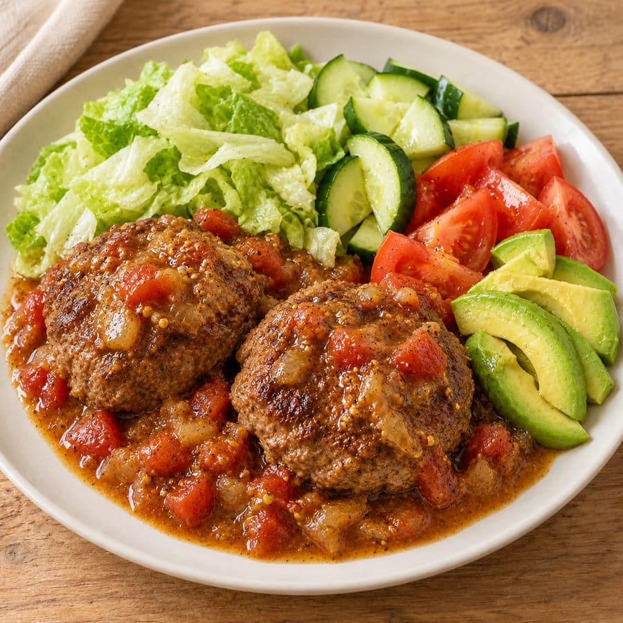 Rinderburger mit Gurken-Tomaten-Salat und Avocado