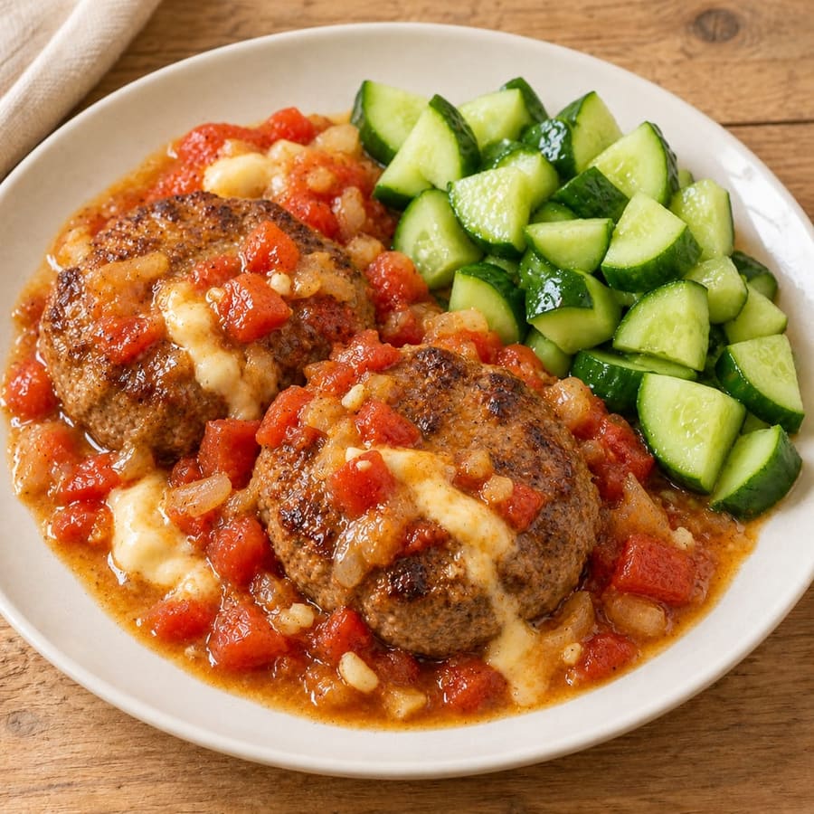 Rindfleischburger mit Gurken-Tomaten-Salat und Knoblauchmayo