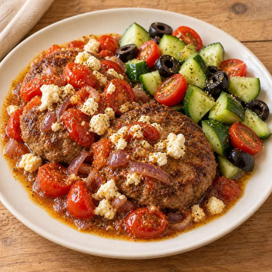 Rinderburger mit Kirschtomaten, Gurke und Feta