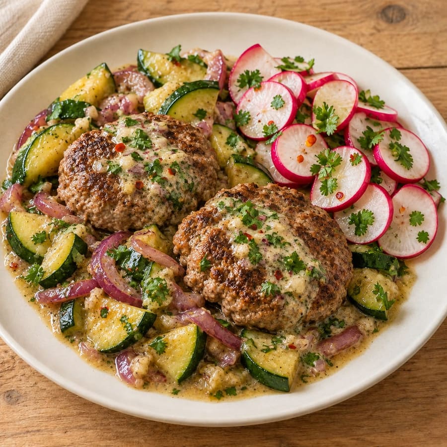 Rinderburger mit Zucchini und Radieschen