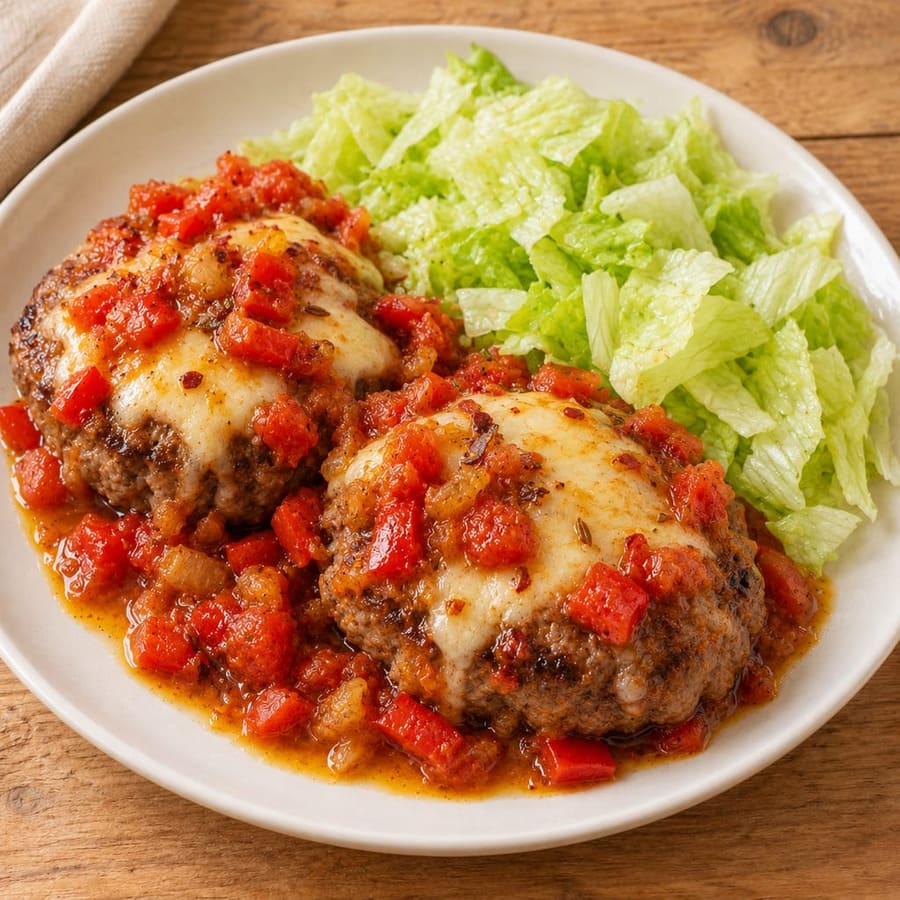Rindfleisch-Burger mit Tomate, Paprika und Eisbergsalat