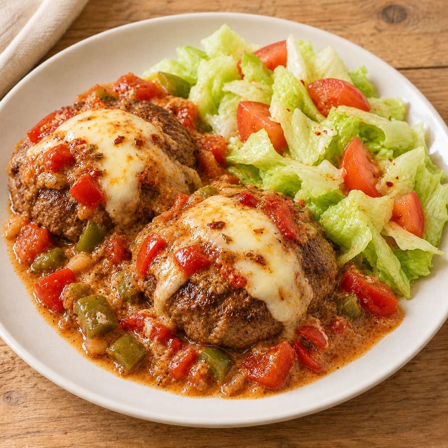 Rinderburger mit Paprika-Tomaten-Frischkäsesauce