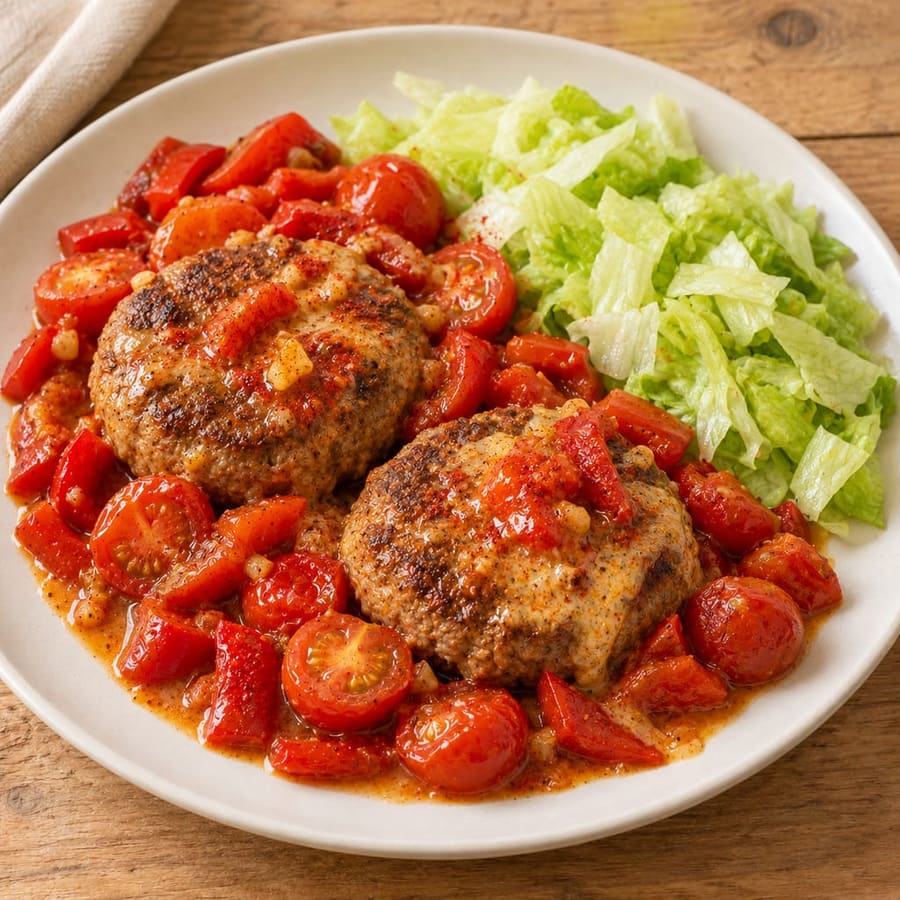Rinderburger mit Paprika, Kirschtomaten und Eisbergsalat
