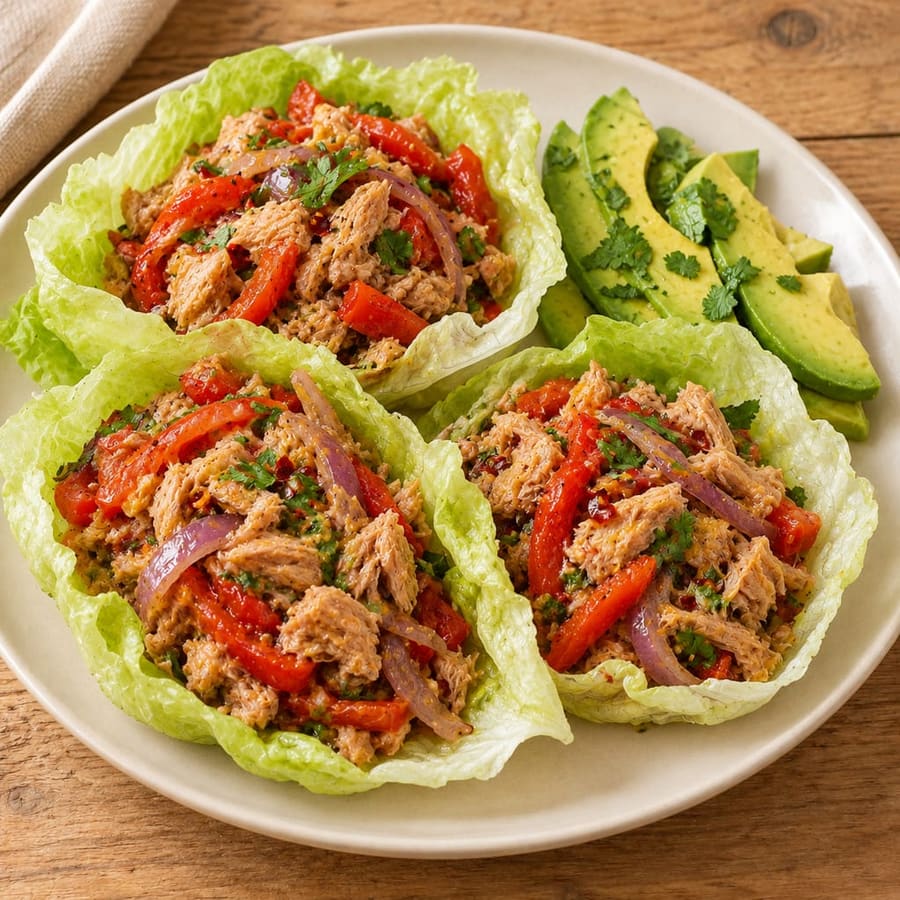 Salatblätter mit Thunfisch und Paprika