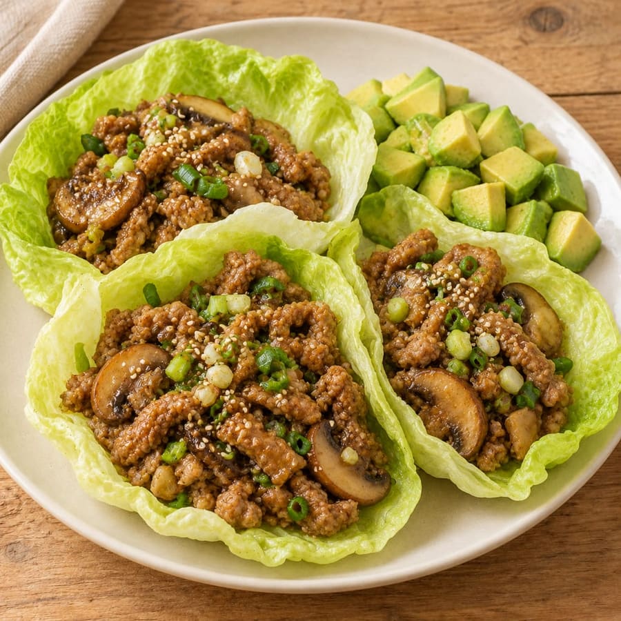 Salatblätter mit Schweinehack, Champignons und Sojasauce