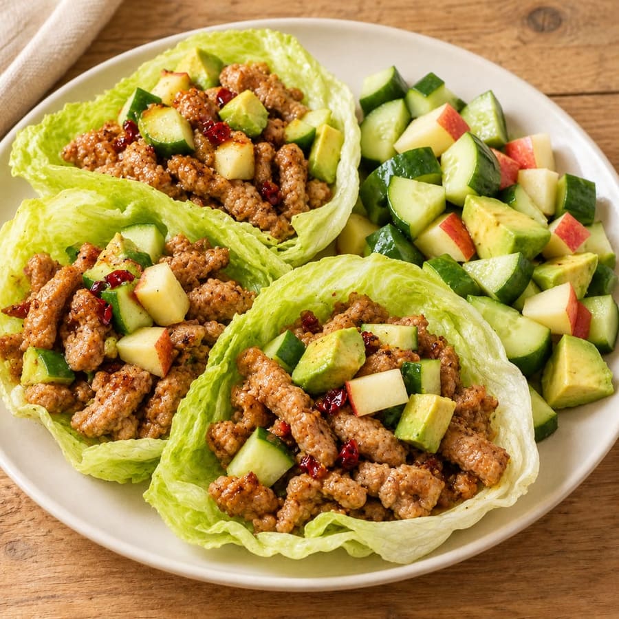Salatblätter mit Schweinehack, Gurke und Apfel