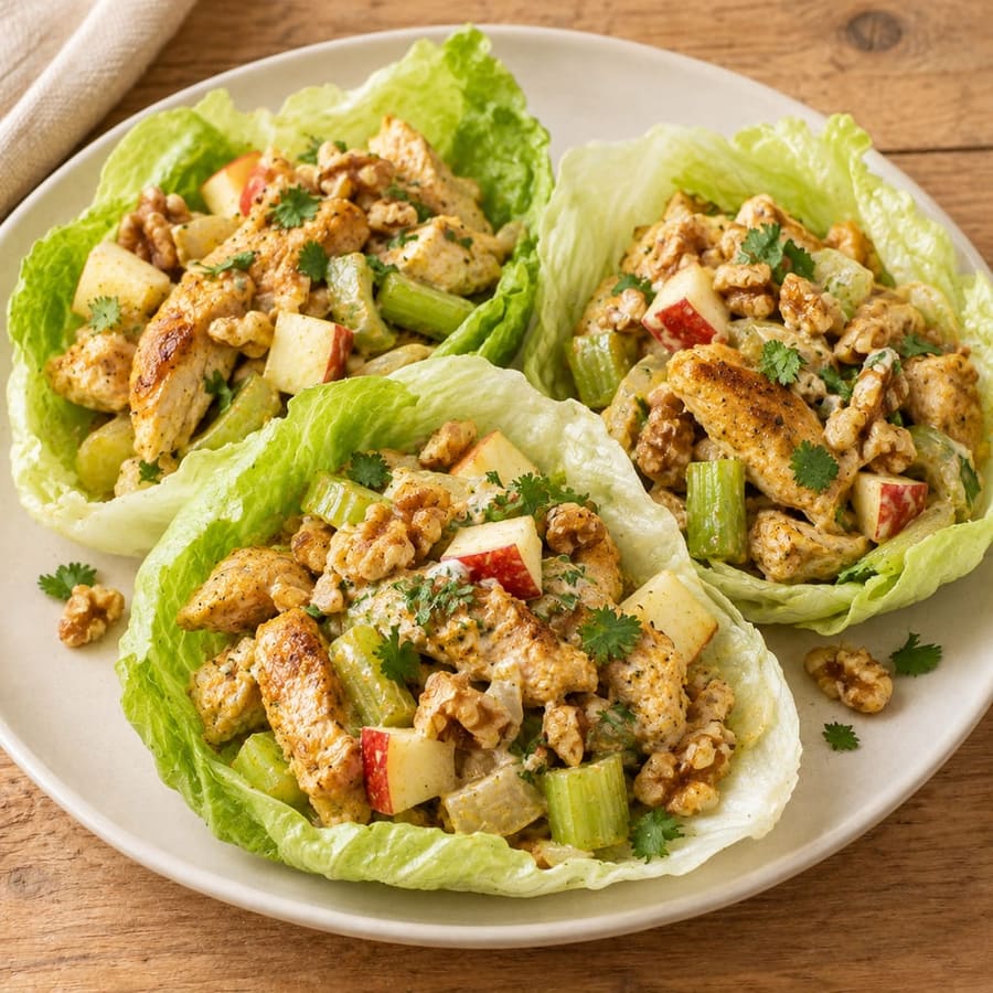 Curryhähnchen im Salatblatt mit Sellerie und Apfel