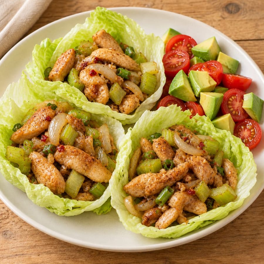 Salatblätter mit Hähnchen, Avocado und Kirschtomaten