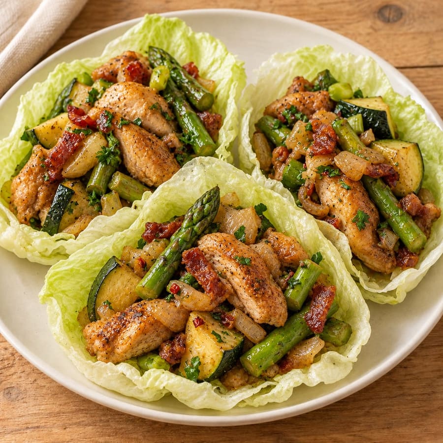 Salatblätter mit Hähnchen, Spargel und Zucchini