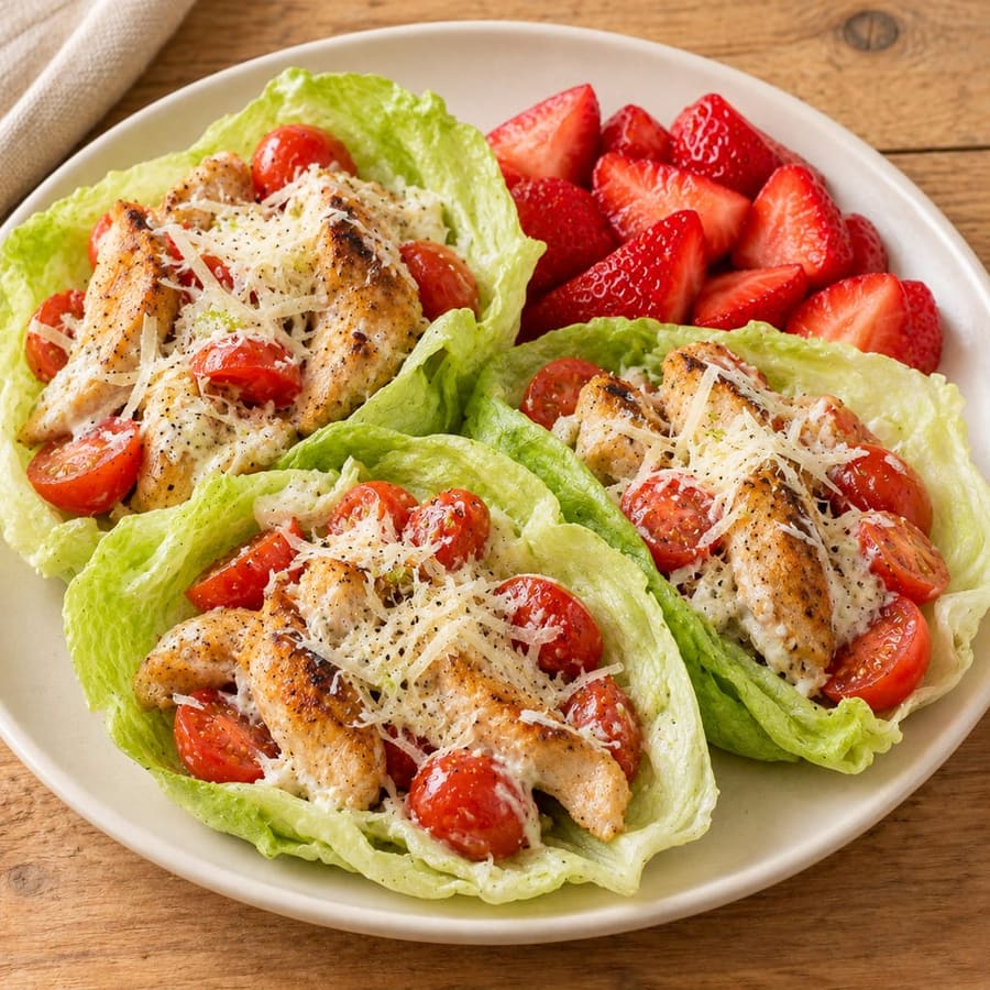 Salatblätter mit Hähnchen und Joghurtsauce