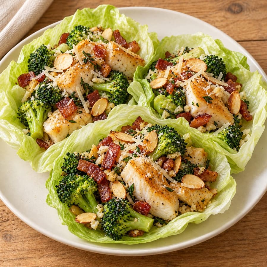 Heilbutt mit Zitronenbrokkoli in Salatblättern