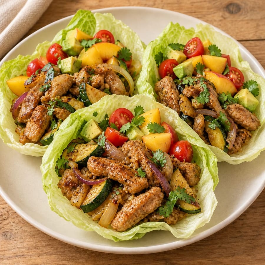 Salatschiffchen mit Schweinefleisch, Zucchini und Pfirsich