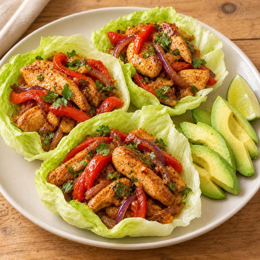 Salatblätter mit Hähnchen und Paprika