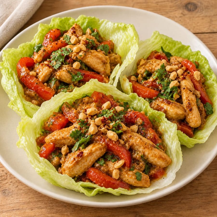 Salatwraps mit Hähnchen, Paprika und Erdnusssauce