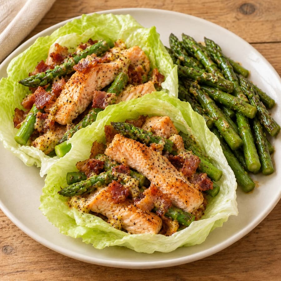 Salatblätter mit Lachs und grünem Spargel