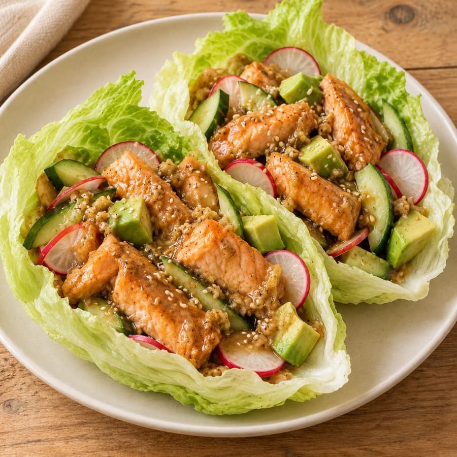Salatblätter mit Lachs, Avocado und Tahini-Sauce