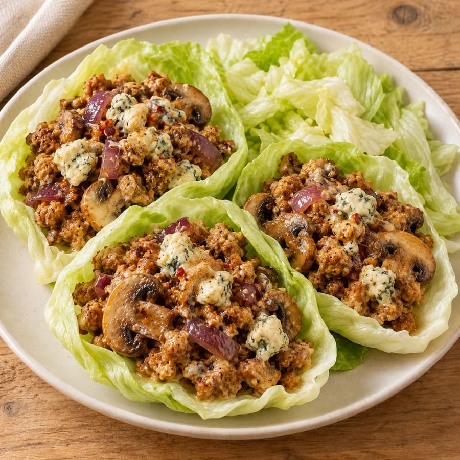 Salatblätter mit Sojaschnetzeln und Champignons