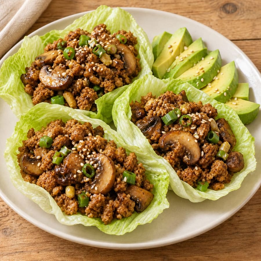 Salatblätter mit Sojagranulat und Champignons