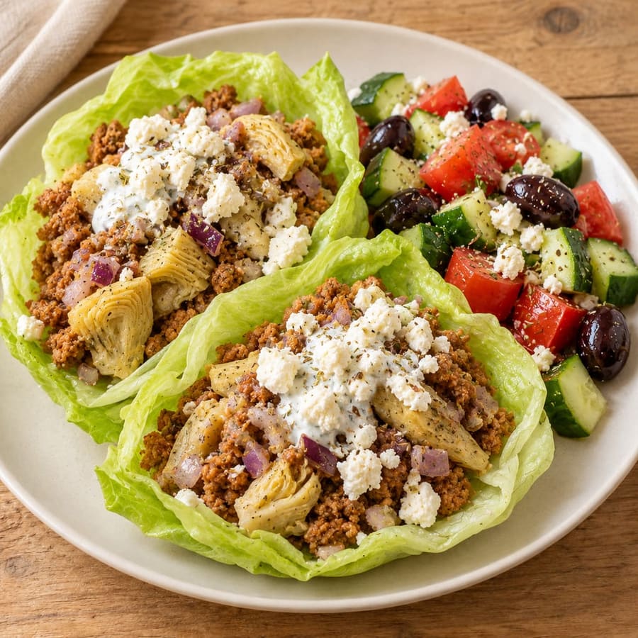 Salatblätter mit Sojaschnetzeln und Artischocken, Joghurtsauce und Feta