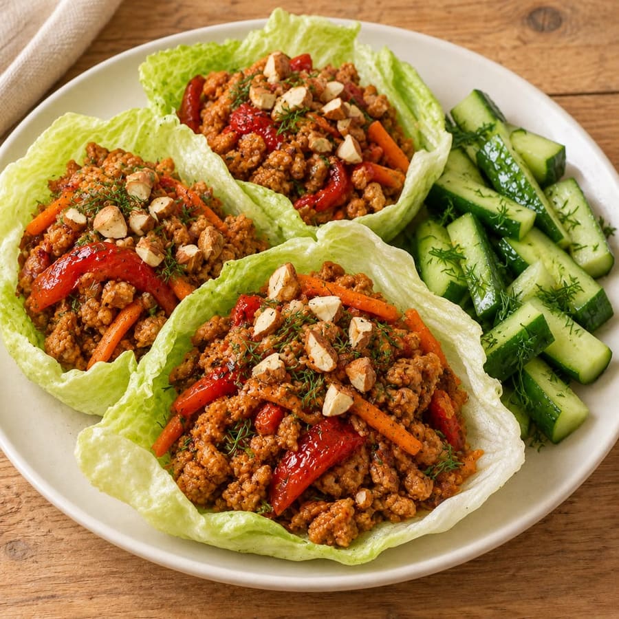 Salatschiffchen mit Sojaschnetzel, gerösteter Paprika und Gurke