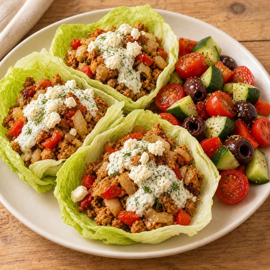 Salatwraps mit Sojaschnetzeln und Joghurt-Feta-Sauce
