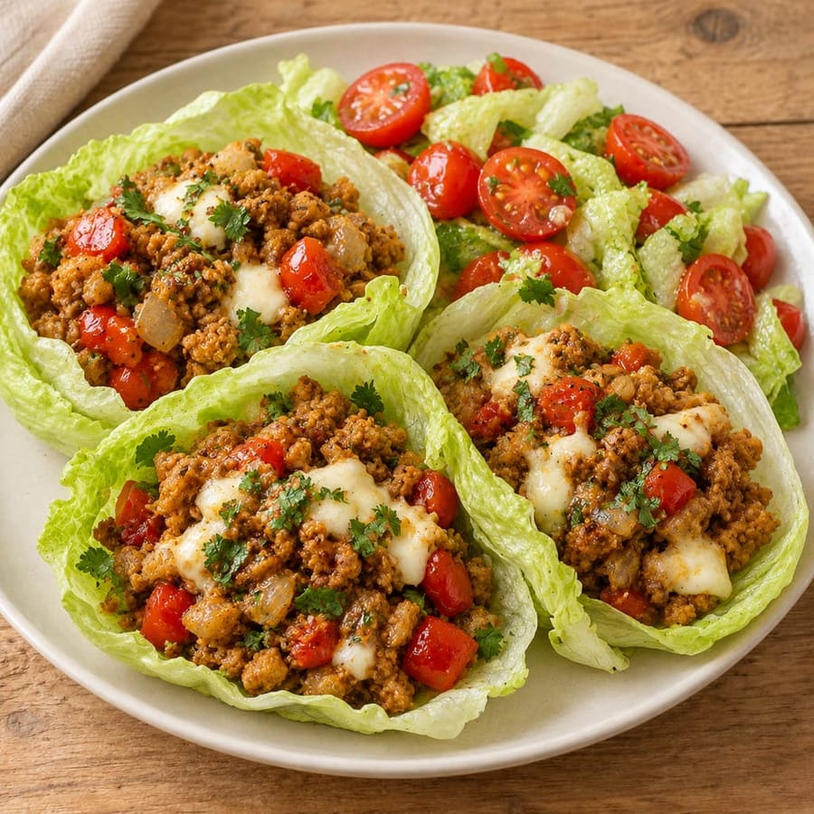 Salatblätter mit gewürztem Sojagranulat und Mozzarella