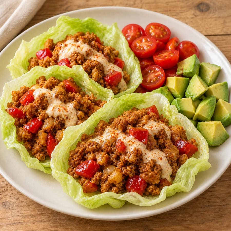 Salatblätter mit Sojageschnetzeltem, Paprika und Joghurtsauce
