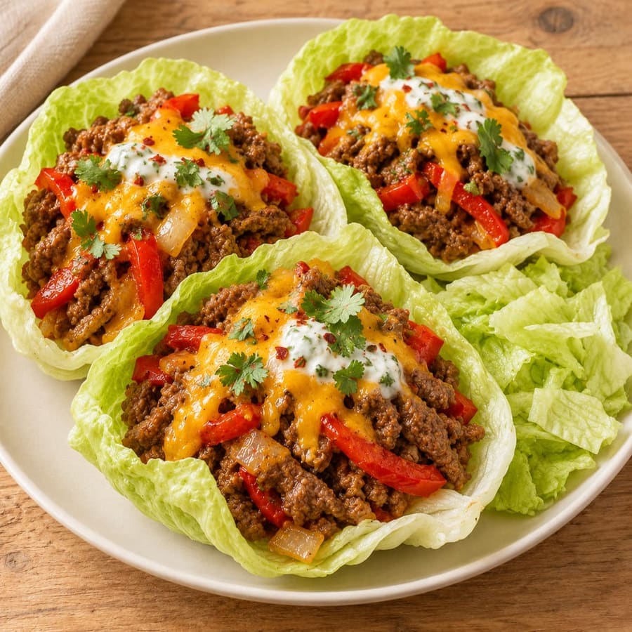 Salatschiffchen mit Hackfleisch, Paprika und Joghurtsauce