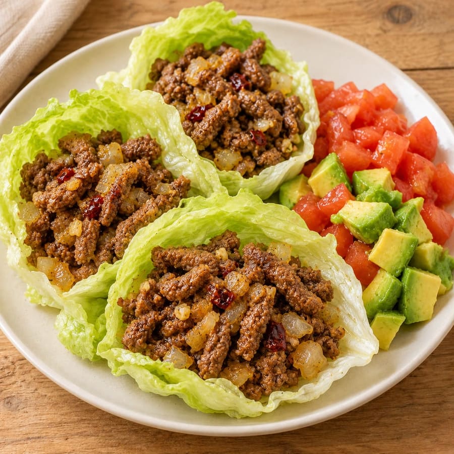Salatblätter mit gewürztem Rinderhack und Tomate