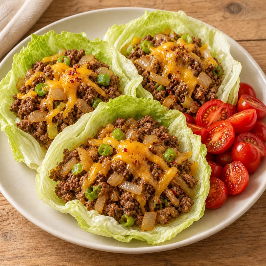Salatblätter mit gewürztem Rinderhack, Kirschtomaten und Cheddar