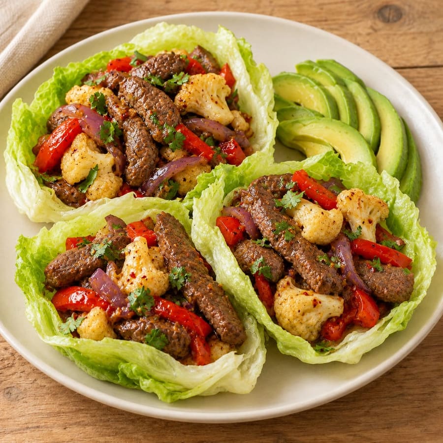 Salatblätter mit gebratenem Rindfleisch, Blumenkohl und Paprika