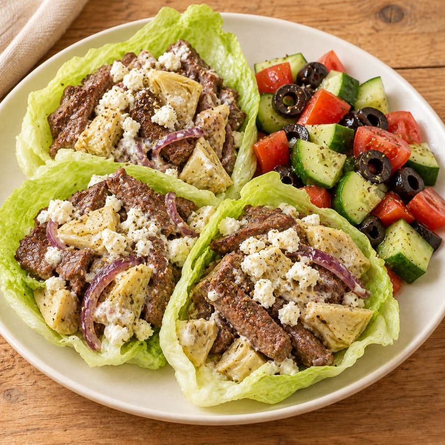 Salatblätter mit Rind, Artischocken und Joghurtsauce