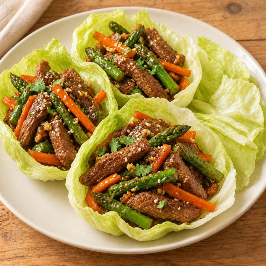 Salatblätter mit Rindfleisch, Spargel und Karotte