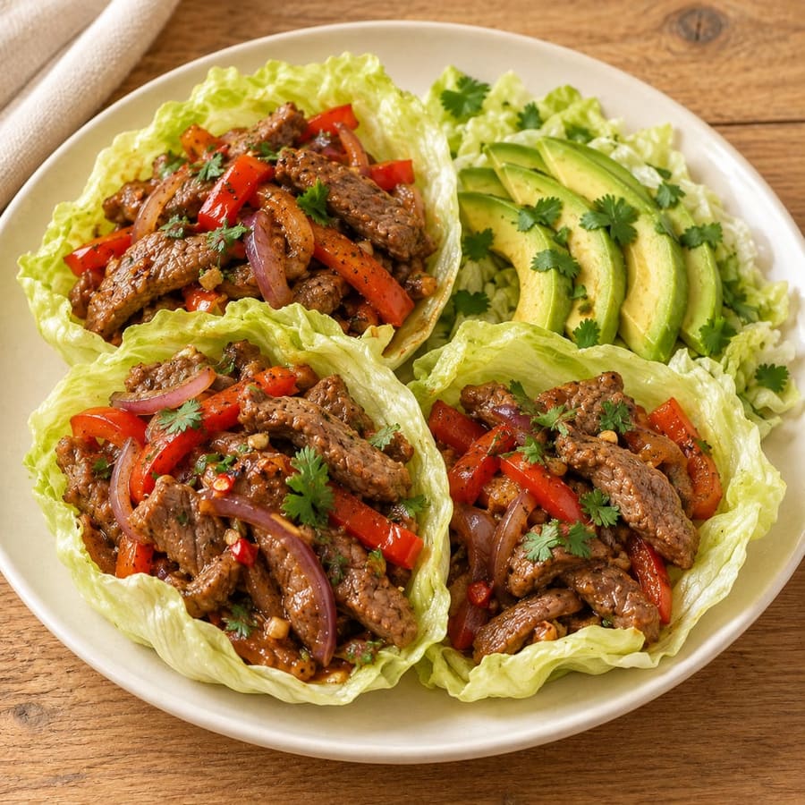 Salatblätter mit Rindfleisch, Paprika und Avocado