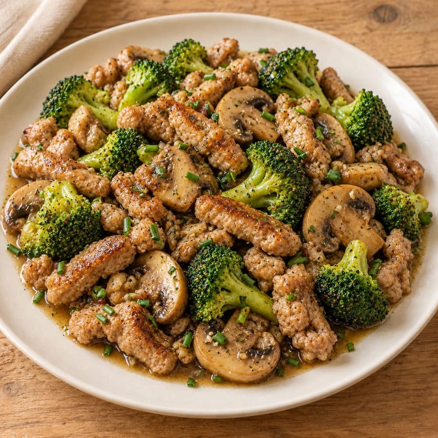 Schweinehack-Pfanne mit Brokkoli und Champignons