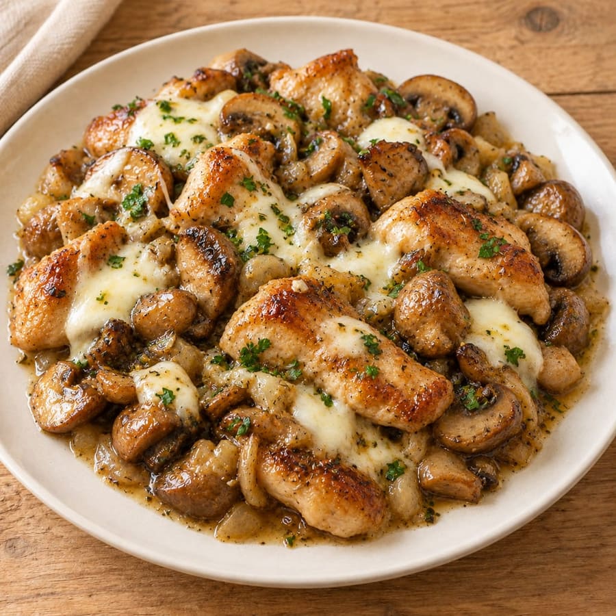 Gebratene Hähnchenschenkel mit Champignons und Mozzarella
