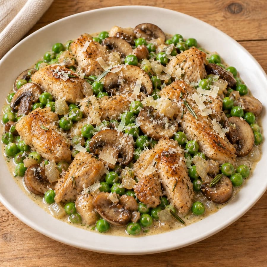 Cremiges Hähnchen mit Champignons und Erbsen
