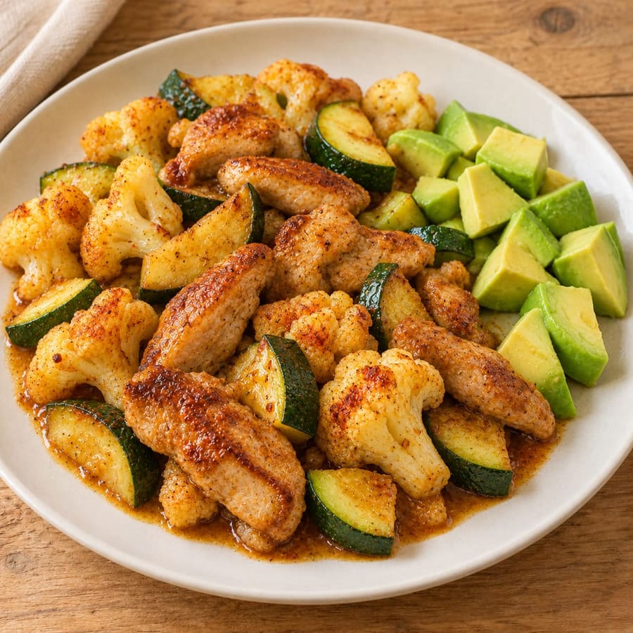 Hähnchenpfanne mit Blumenkohl, Zucchini und Avocado