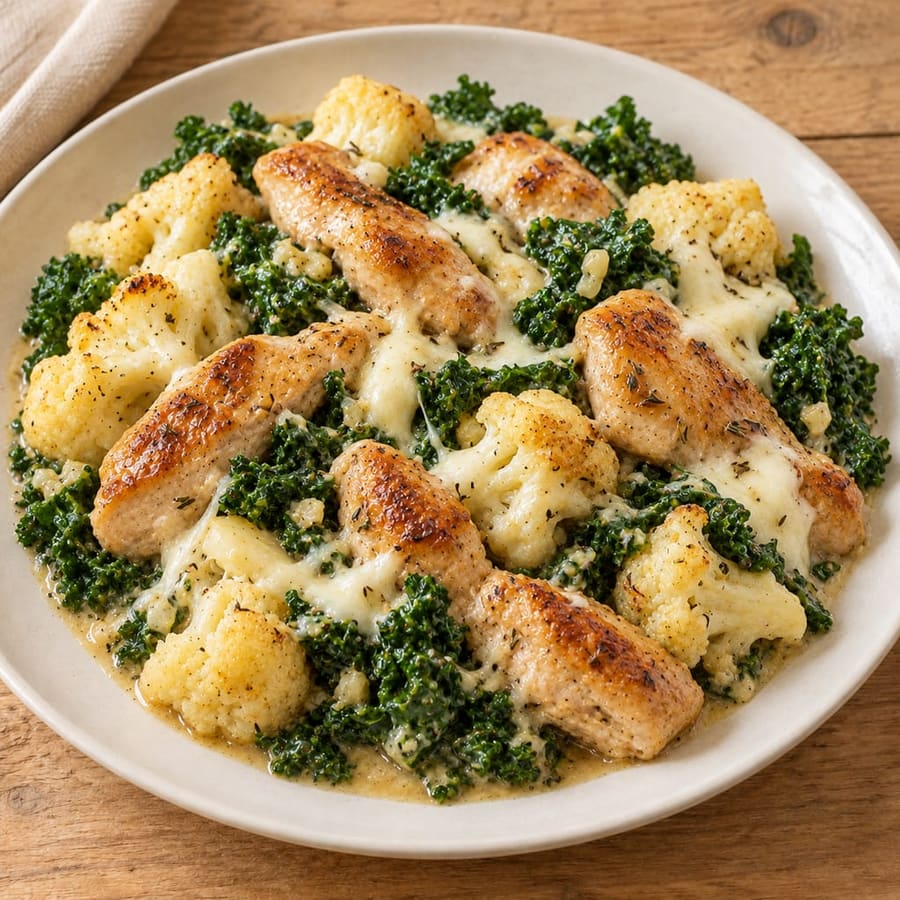 Cremige Hähnchenpfanne mit Blumenkohl und Grünkohl