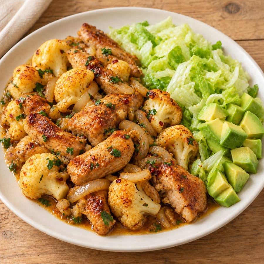 Hähnchenkeulen-Pfanne mit Blumenkohl, Zitrone und Avocado