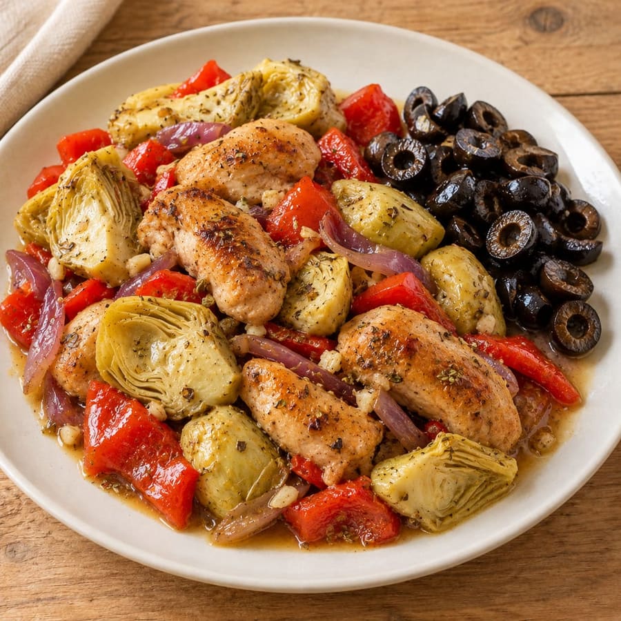 Zitronenhähnchen mit Artischocken und Paprika aus der Pfanne