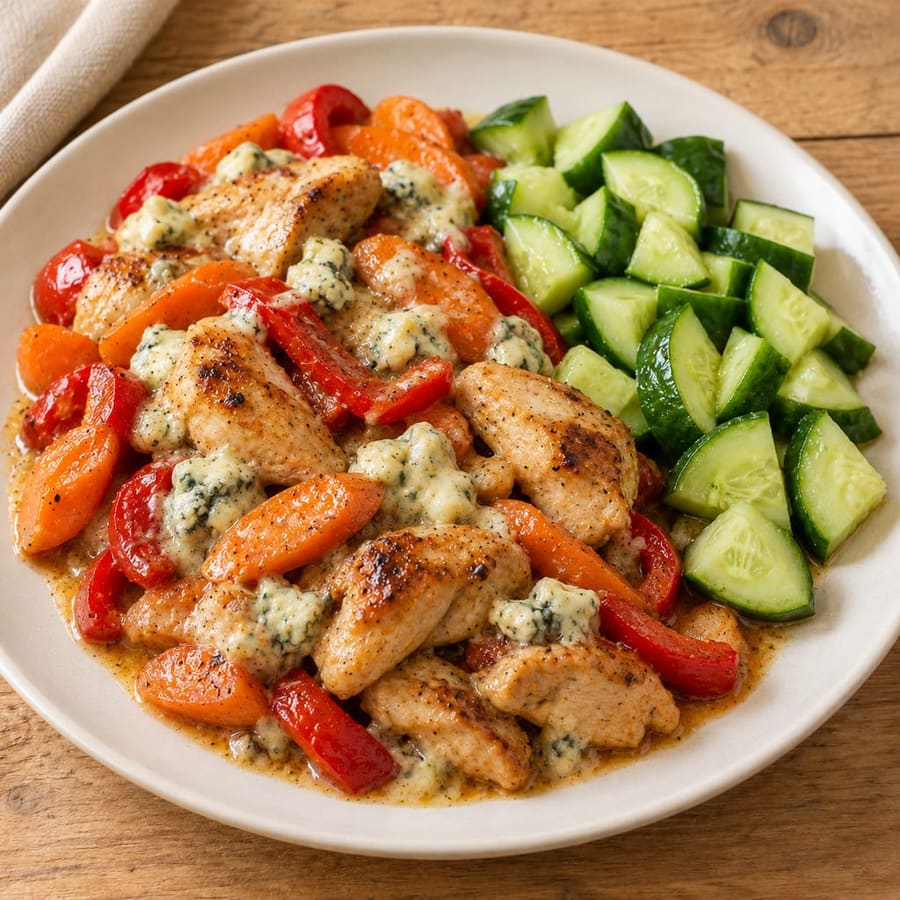 Hähnchenschenkel mit Gemüse und Blauschimmelkäse-Dressing