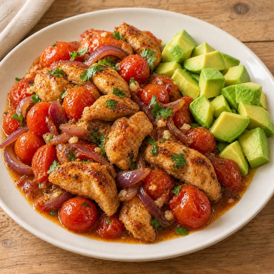 Gebratene Hähnchenschenkel mit Kirschtomaten, Limette und Avocado