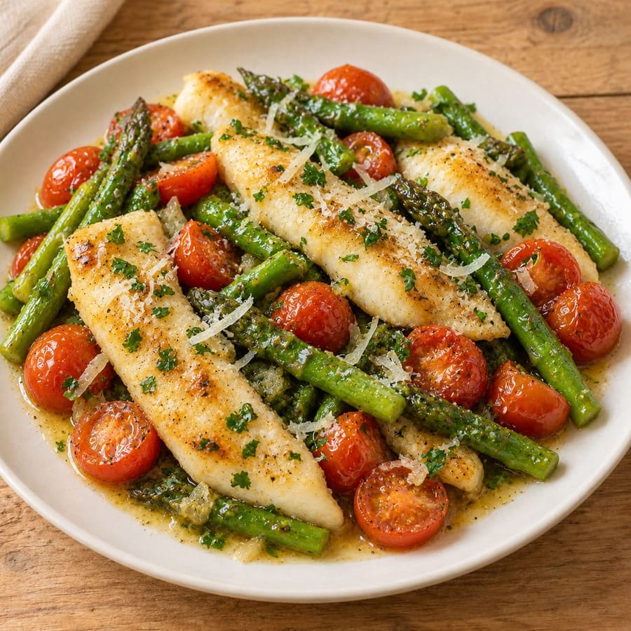 Gebratene Scholle mit grünem Spargel, Kirschtomaten und Parmesan