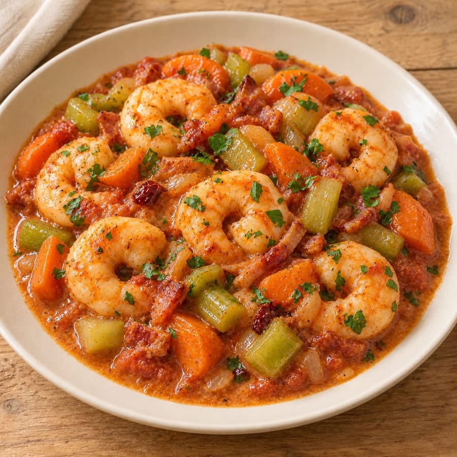 Garnelen in cremiger Tomatensauce mit Sellerie und Karotten