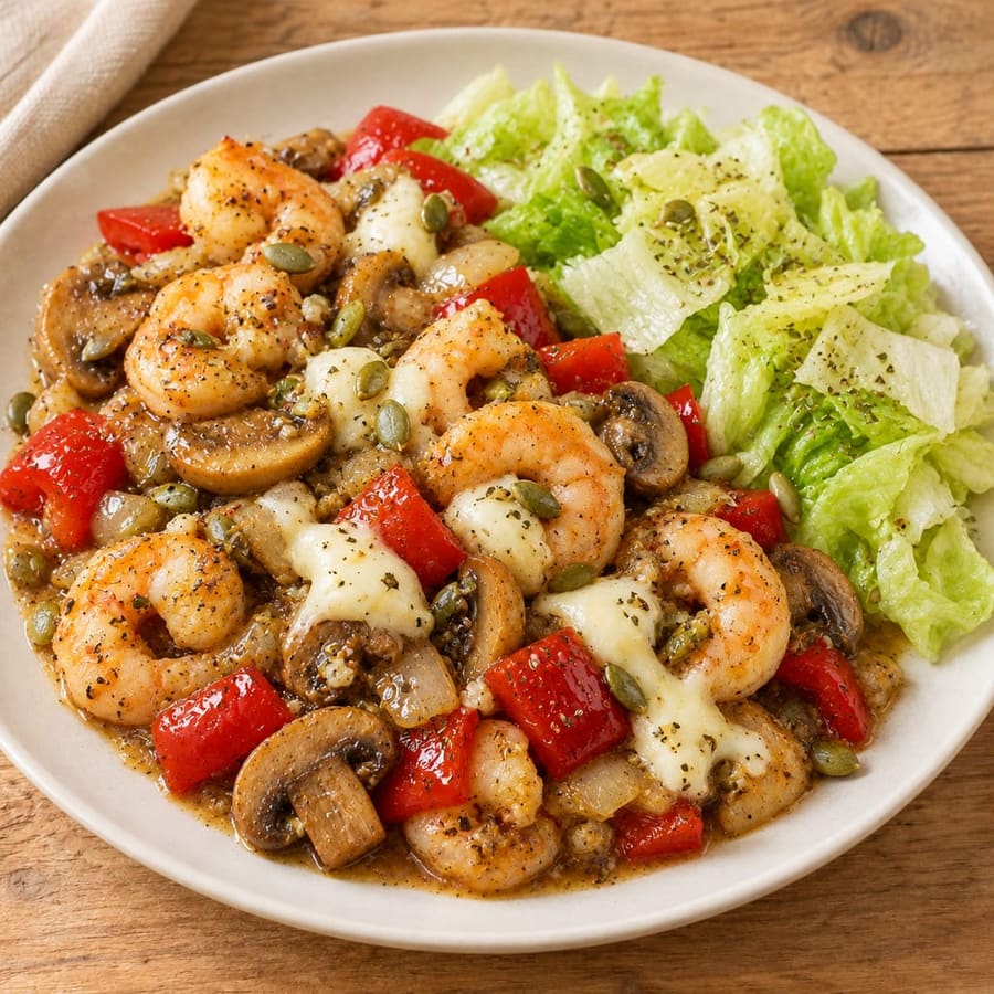 Garnelenpfanne mit Champignons und Paprika
