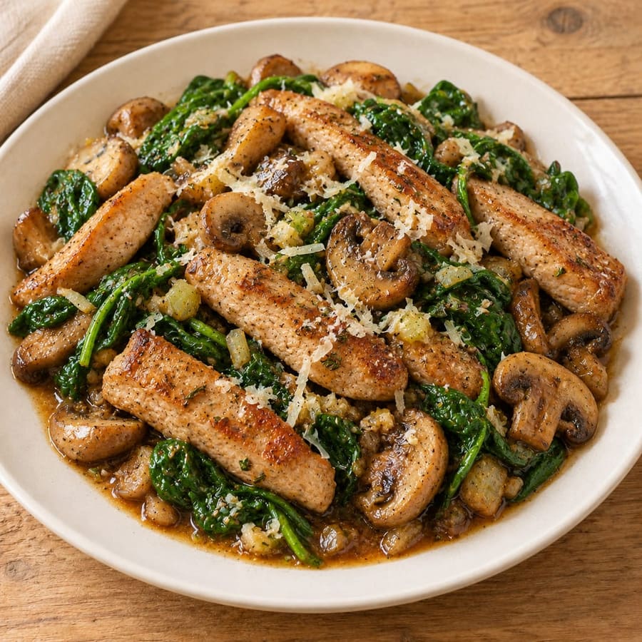 Schweinegeschnetzeltes mit Champignons und Spinat