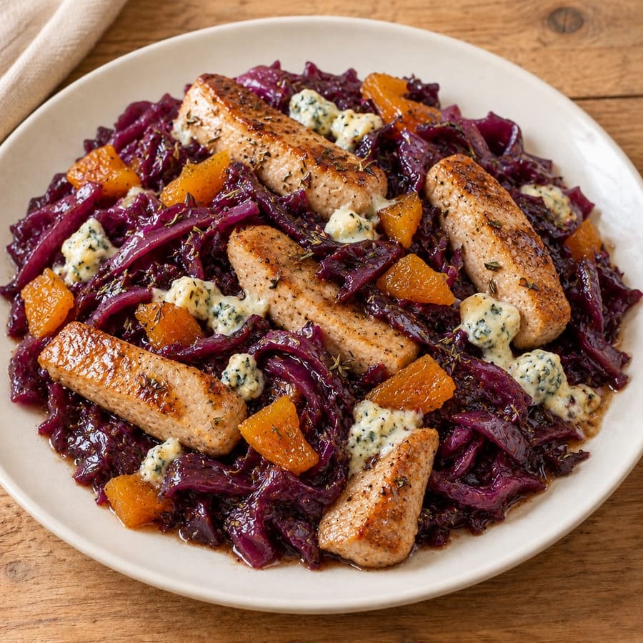 Schweinelachs mit Rotkohl, Balsamico und Blauschimmelkäse